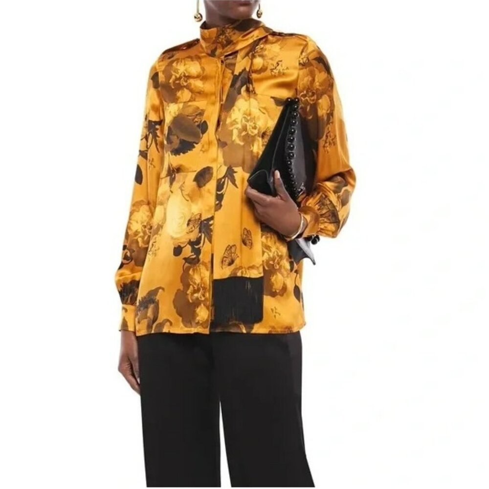 Mother of Pearl Leandra Tie-neck Rust Floral Satin Blouse - flawed